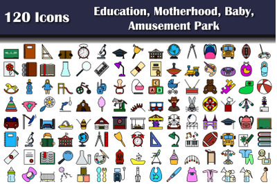 Set Of 120 Education, Motherhood, Baby, Amusement Park Icons