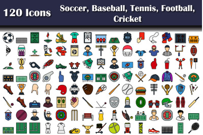Set Of 120 Soccer, Baseball, Tennis, American Football, Cricket Icons
