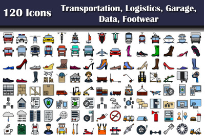 Set Of 120 Transportation, Logistics, Garage, Data, Footwear Icons