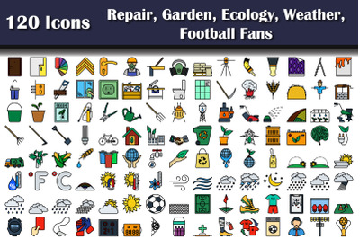 Set Of 120 Repair, Garden, Ecology, Weather, Football Fans  Icons