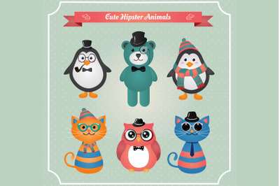 Retro Hipster Cute Animals Collection, Cartoon Characters for Kids.