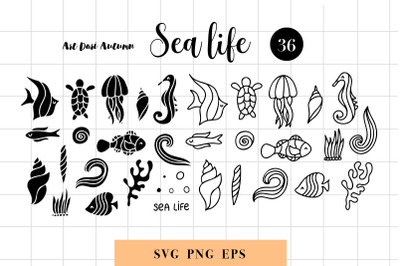 Sea animals silhouette and outline SVG bundle