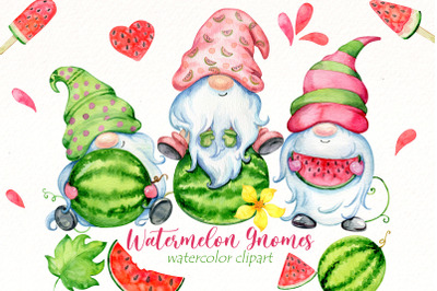 Watercolor Watermelon Gnome Bundle Clipart | Summer Gnomes.