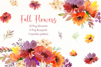 Fall Flowers watercolor clipart  Bundle | Floral Wreath, autumn png.