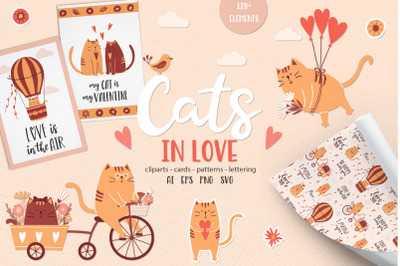 Cats in love. Cliparts, cards, patterns