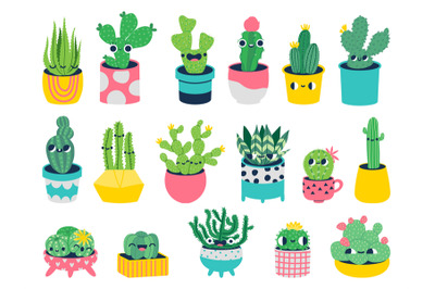 Cactus with faces. Cute cartoon characters in pots with funny faces, s