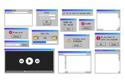 Old interface windows. Retro error message&2C; internet browser and file