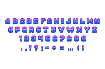 Retro pixel font. 8 bit arcade game letters numbers and punctuation ma