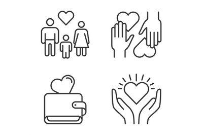 Charity and donation icons. Hands holding and giving heart. Volunteer