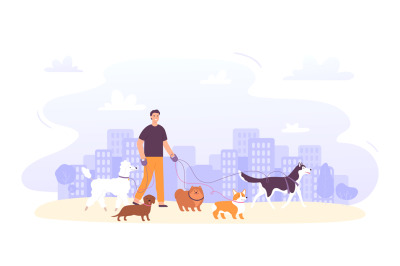 Dog sitter job outdoor. Male character with group of dogs on leash of