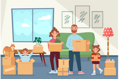 Family move to new house. Happy parent and children holding boxes with