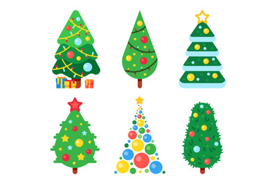 Flat paper christmas tree decorated with colorful balls, garlands and