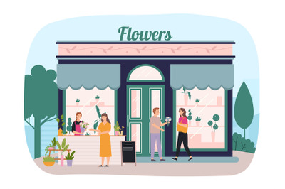 Flower store. Professional florist selling bouquet to woman. Female ch