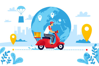 Global delivery service. Courier riding motorcycle with package for cu