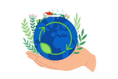 Save the earth concept. Hand holding planet, protecting environment. P