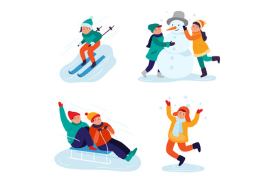 Winter kids activities. Cheerful children skiing on snowy hills, makin