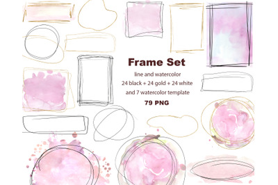 Gold Frame Clipart, Pink Watercolor Splashes, Frame set PNG, Minimalist Abstract Shapes, Gold and watercolor frame, Invitation Template