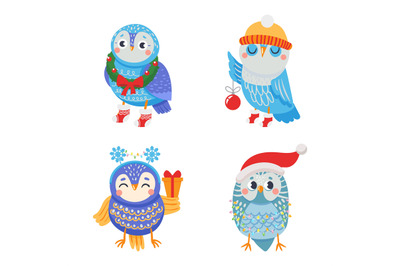 Winter owl. Funny cartoon birds with christmas attributes. Animals in