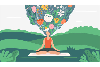 Yoga exercise on nature. Woman sitting in lotus position meditating wi