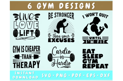Gym Quotes SVG Bundle, 6 Designs, Gym Sayings SVG, Gym Shirt SVG, PNG