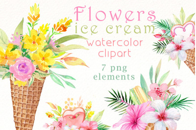 Floral Ice Cream png clipart | Watercolor Summer Bundle.