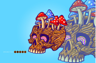 Wood skull with mushrooms Fungu Illustrations