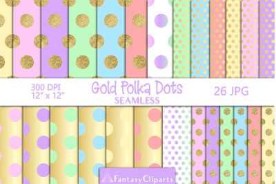 Seamless Pastel Polka Dots With Gold Glitter Digital Paper