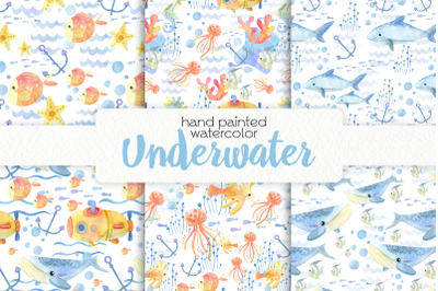 Watercolor Underwater. Seamless Patterns