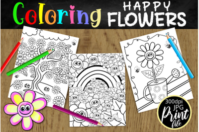 Happy Flowers Kids Coloring Pages - Summer Activity