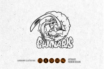 Bunny smoking weed with cannabis word lettering monochrome