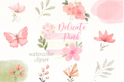 Watercolor Flowers Clipart  |  Pink floral illustration png.