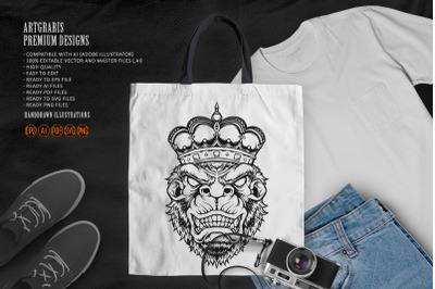 Angry king kong with gorilla crown ornate monochrome Illustrations