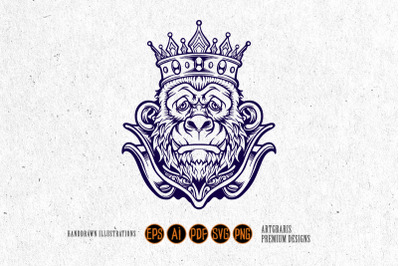 Cool  gorilla with king crown Mascot monochrome Illustrations