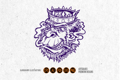 Crowned gorilla with smokes cannabis monochrome Illustrations