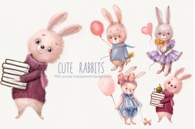 Watercolor Cute Rabbits Clipart
