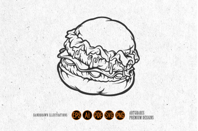 Delicious burger fast food cartoon monochrome