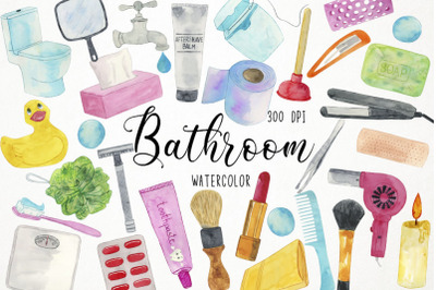 Watercolor Bathroom Clipart, Bathroom Supplies, Hygiene Clipart Clipar