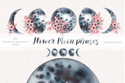 Flower Moon phases/Watercolor Clipart PNG