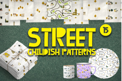 Vector seamless pattern with streets, houses, trees