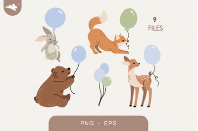 Woodland baby animals with balloons clipart