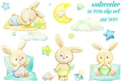 Little rabbits, stars, clouds, moon, pillows, toys. Children&#039;s country