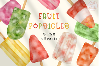 Watercolor Fruit Popsicle Clipart. Ice Cream PNG. Summer dessert