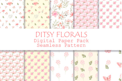 Vintage Pink ditsy flowers digital paper, seamless pattern.