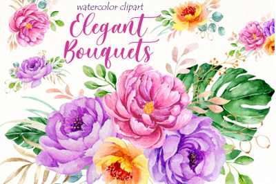 Floral Bouquet Clipart, Watercolor Peonies | Roses clip art.