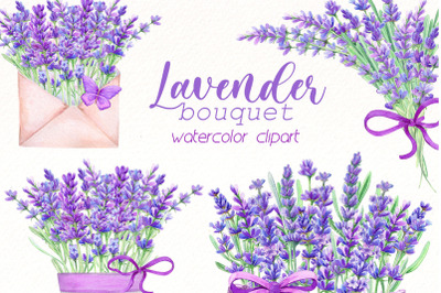 Watercolor lavender bouquet clipart bundle | Vintage flowers clip art.