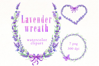 Watercolor lavender wreath clipart bundle | Vintage flowers frame png.
