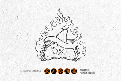 Mascot Angry mexican taco on fire monochrome Illustrations