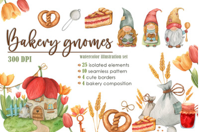 Bakery gnomes watercolor illustration set