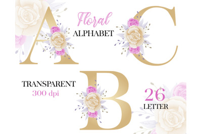 Golden Watercolor Floral Alphabet Bundle Set, Alphabet Set