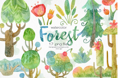 Watercolor Trees Clipart. Forest Elements